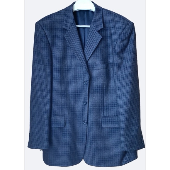 VINTAGE Blue Wool Houndstooth Plaid Blazer Size 42 - Picture 2 of 15